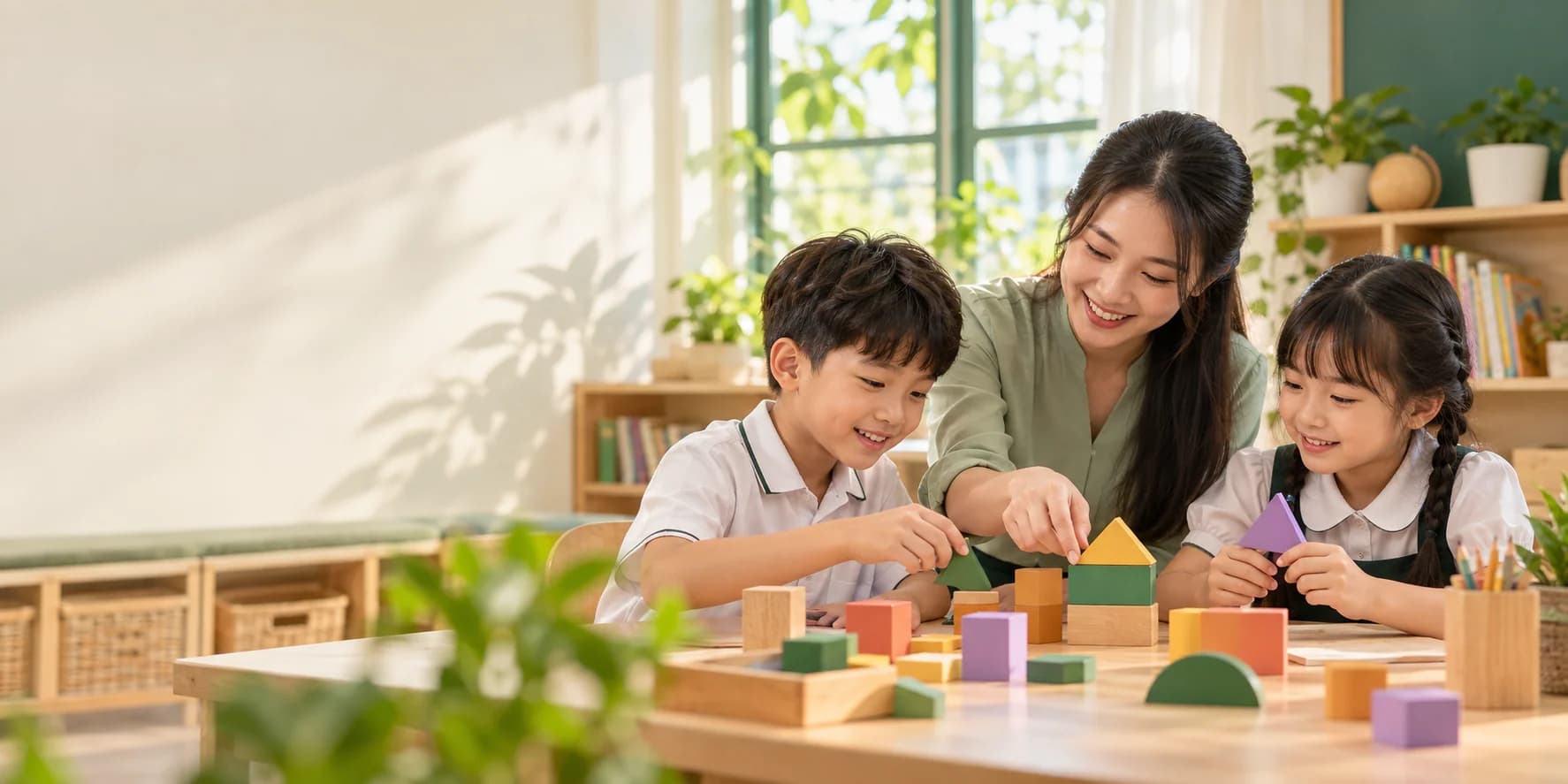 Cô giáo và học sinh cùng học với hình khối, ảnh minh họa